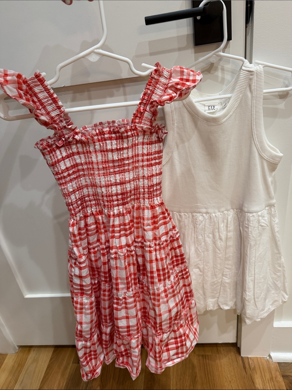 Bundle Hill House Red-and-White Gingham Smocked Sundress and Gap white sundress